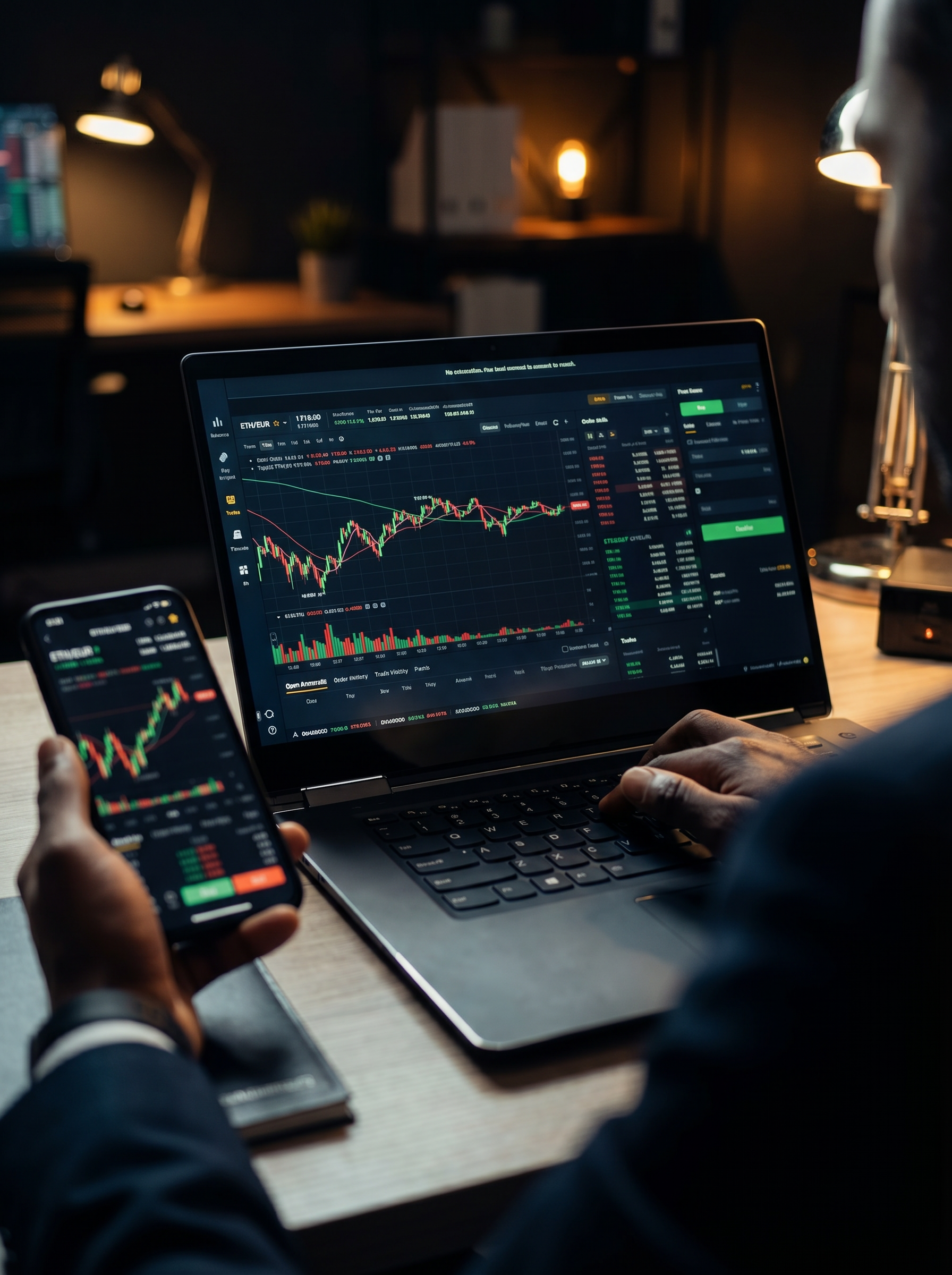 Stock trading analysis on laptop and phone